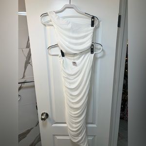 White sheer felt matching set- Half sleeve cropped top w/ long high wasted skirt